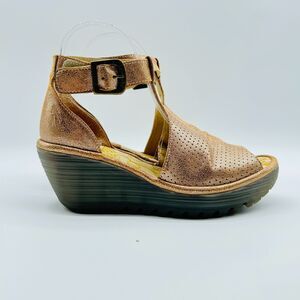 Fly London Sandals Womens 41 US 10 Brown Metallic Wedge Leather Comfort Shoes